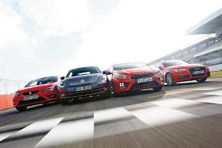Audi A3 1.8 TFSI, Kia Procee’d GT, Seat Leon SC 1.8 TSI, VW Beetle 2.0 TSI, Frontansicht