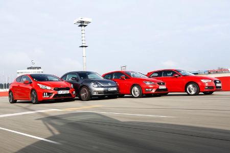 Audi A3 1.8 TFSI, Kia Procee’d GT, Seat Leon SC 1.8 TSI, VW Beetle 2.0 TSI, Frontansicht