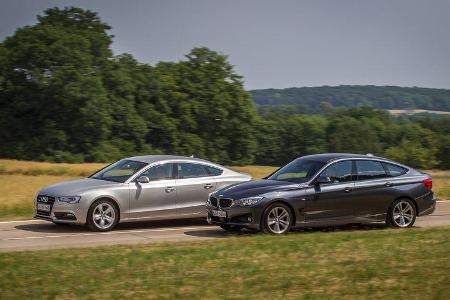 Audi A5 Sportback 3.0 TFSI, BMW 335i GT, Seitenansicht