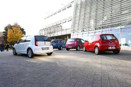 Heckansicht, Skoda Citigo 1.0, Kia Picanto 1.0, Renault Twingo 1.2, Fiat Panda 1.2 Heckansicht, Skoda Citigo 1.0, Kia Picanto 1.0, Renault Twingo 1.2, Fiat Panda 1.2