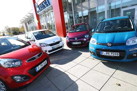 Frontansicht, Skoda Citigo 1.0, Kia Picanto 1.0, Renault Twingo 1.2, Fiat Panda 1.2
