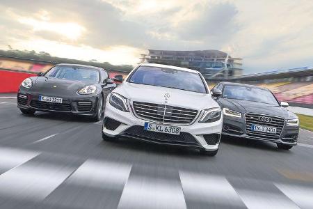 Audi S8, Mercedes S 63 AMG 4Matic, Porsche Panamera Turbo, Frontansicht