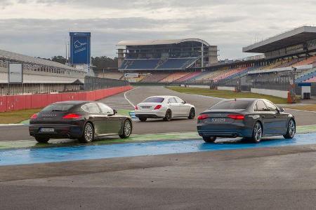 Audi S8, Mercedes S 63 AMG 4Matic, Porsche Panamera Turbo, Heckansicht