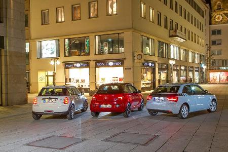Opel Adam 1.4 ECOFLEX, Audi A1 1.2 TSI, Mini One, Heckansicht