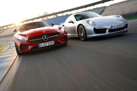 Mercedes-AMG GT S, Porsche 911 Turbo, Frontansicht Mercedes-AMG GT S, Porsche 911 Turbo, Frontansicht