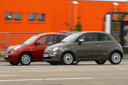 Der Nissan Micra ist 17 Zentimeter länger. Fiat 500 mit extrem kurzem hinteren Überhang.