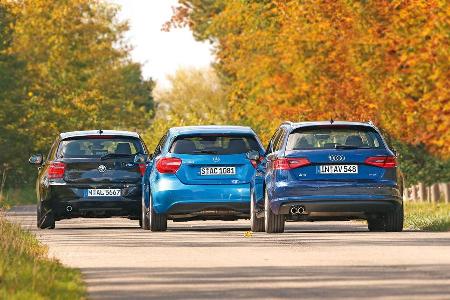 Audi A3 Sportback 1.4 TFSI, BMW 116i, Mercedes A 180, Heckansicht