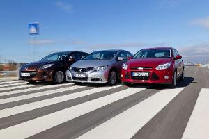 Ford Focus 2.0 TDCi, Honda Civic 2.2 i-DTEC, Mazda 3 2.2 MRZ-CD, Frontansicht