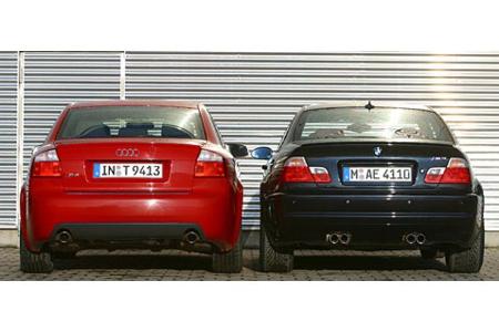 Stramme Burschen: Durch die wuchtige Schürze wirkt der S4 weniger elegant als der M3. Zwei Rohre für satten Achtzylinderklan...