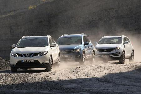 Kia Sportage, Nissan Qashqai, VW Tiguan, Frontansicht Kia Sportage, Nissan Qashqai, VW Tiguan, Frontansicht