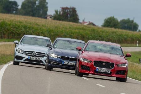 BMW 340i, Jaguar XE S, Mercedes C 400 4Matic, Frontansicht