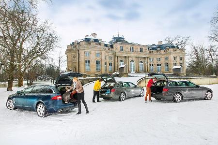 Audi A6 Avant 3.0 TDI Quattro, BMW 530d Touring, Jaguar XF Sportbrake 3.0 V6 D 600, Heckklappe, Heckansicht Audi A6 Avant 3.0 TDI Quattro, BMW 530d Touring, Jaguar XF Sportbrake 3.0 V6 D 600, Heckklappe, Heckansicht