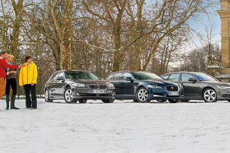Audi A6 Avant 3.0 TDI Quattro, BMW 530d Touring, Jaguar XF Sportbrake 3.0 V6 D 600, Frontansicht