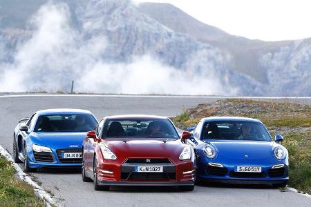 Audi R8 LMX, Nissan GT-R, Porsche 911 Turbo S, Frontansicht