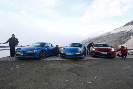 Audi R8 LMX, Nissan GT-R, Porsche 911 Turbo S, Frontansicht