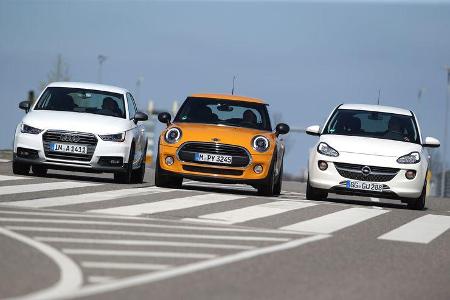 Audi A1 1.0 TFSI, Mini One, Opel Adam 1.0 DI Turbo, Frontansicht