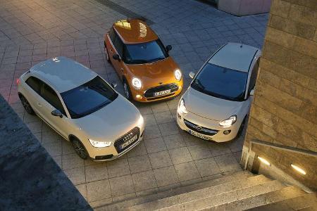 Audi A1 1.0 TFSI, Mini One, Opel Adam 1.0 DI Turbo, Frontansicht