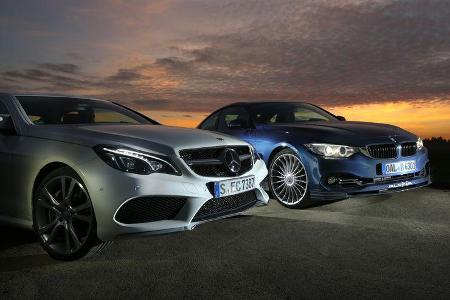 Alpina B4 Biturbo Coupé Allrad, Mercedes E 500 Coupé, Seitenansicht, Abendhimmel