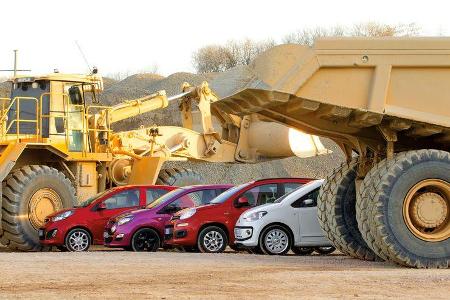 VW Up 1.0, Kia Picanto 1.2, Renault Twingo 1.2, Fiat Panda 0.9 Twinair, Seitenansicht