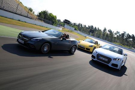 Audi TTS Roadster, Mercedes-AMG SLC 43, Porsche 718 Boxster, Frontansicht