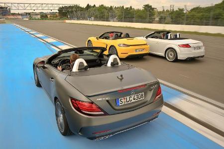 Audi TTS Roadster, Mercedes-AMG SLC 43, Porsche 718 Boxster, Heckansicht