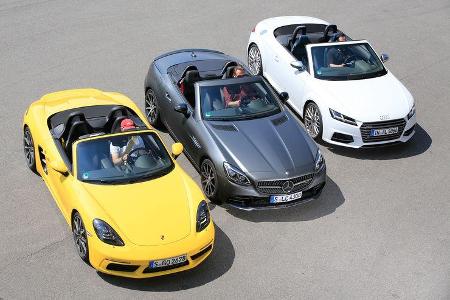 Audi TTS Roadster, Mercedes-AMG SLC 43, Porsche 718 Boxster, Frontansicht