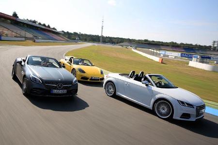 Audi TTS Roadster, Mercedes-AMG SLC 43, Porsche 718 Boxster, Frontansicht