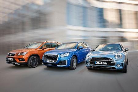 Audi Q2 2.0 TDI Quattro, Mini Clubman Cooper SD All4, Seat Ateca 2.0 TDI 4Drive Audi Q2 2.0 TDI Quattro, Mini Clubman Cooper SD All4, Seat Ateca 2.0 TDI 4Drive