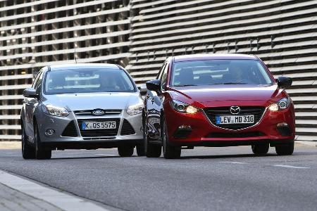 Ford Focus 1.0 Ecoboost, Mazda 3 Skyaktiv-G 100, Frontansicht