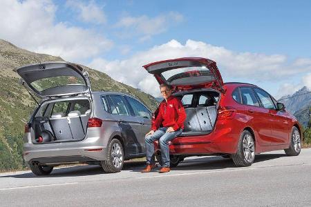 BMW 218d Active Tourer, VW Golf Sportsvan 2.0 TDI, Heckansicht, Heckklappe