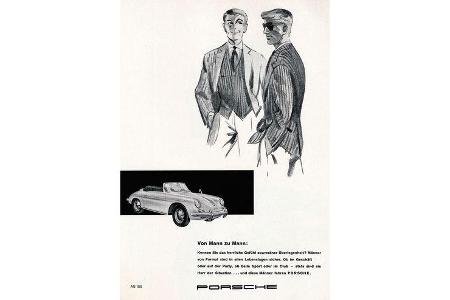 Zeittypisch: zwei gut angezogene Herren im Dialog. Was werden sie wohl fahren? Ist doch klar: Porsche 356.
