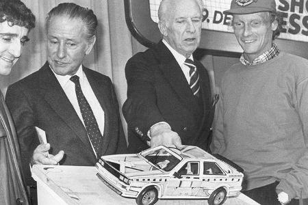Formel-1-Vizeweltmeister Alain Prost, Audi-Chef Wolfgang R. Habbel, Avd-Präsident Fürst von Metternich und Formel 1-Weltmeis...