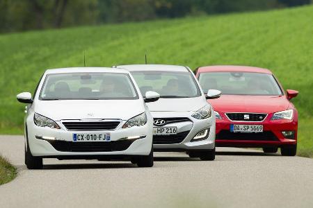 Hyundai i30 1.6, Peugeot 308 125 THP, Seat Leon 1.4 TSI, Frontansicht
