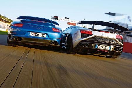 Porsche 911 Turbo S, Lamborghini Gallardo LP 570-4 Squadra Corse, Heckansicht