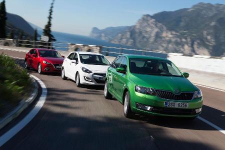 Hyundai i30 1.6, Mazda 3 Skyactiv G 120, Skoda Rapid Spaceback 1.4 TSI, Frontansicht