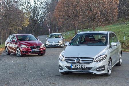 BMW Zweier Active Tourer, Mercedes B-Klasse, VW Golf Sportsvan, Frontansicht