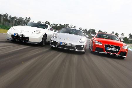Porsche Cayman S, Audi TT RS, Nissan 370Z Nismo, Frontansicht Porsche Cayman S, Audi TT RS, Nissan 370Z Nismo, Frontansicht