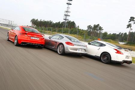 Porsche Cayman S, Audi TT RS, Nissan 370Z Nismo, Heckansicht