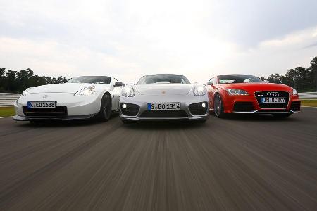Porsche Cayman S, Audi TT RS, Nissan 370Z Nismo, Frontansicht
