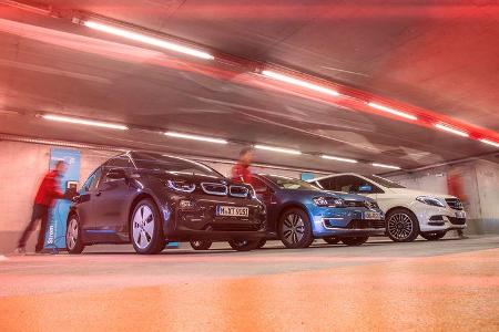 BMW i3, Mercedes B-Klasse Electric Drive, VW e-Golf, Seitenansicht