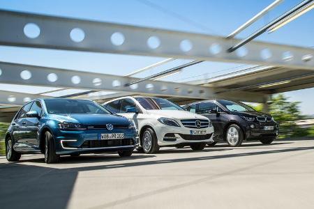 BMW i3, Mercedes B-Klasse Electric Drive, VW e-Golf, Frontansicht