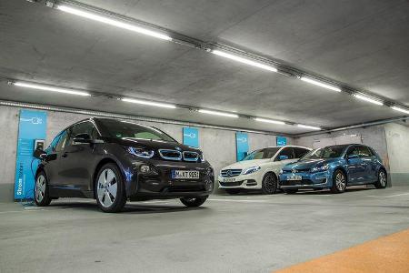 BMW i3, Mercedes B-Klasse Electric Drive, VW e-Golf, Tiefgarage