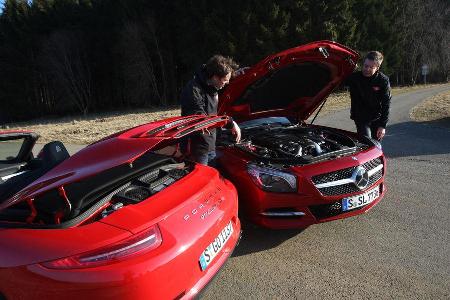 Mercedes SL 500, Porsche 911 Carrera S Cabrio, Motorhaube