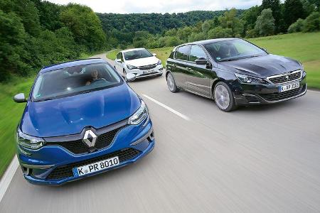 Renault Megane GT TCe 205, Opel Astra 1.6 DI Turbo, Peugeot 308 GT 308 GT THP 205 Renault Megane GT TCe 205, Opel Astra 1.6 DI Turbo, Peugeot 308 GT 308 GT THP 205