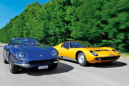 Ferrari 275 GTB/4, Lamborghini Miura P 400, Frontansicht Ferrari 275 GTB/4, Lamborghini Miura P 400, Frontansicht