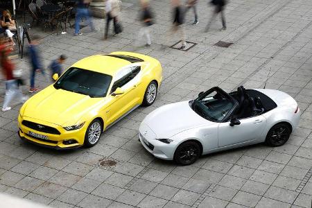 Ford Mustang GT 5.0, Mazda MX5 Skyaktiv G 131, Frontansicht