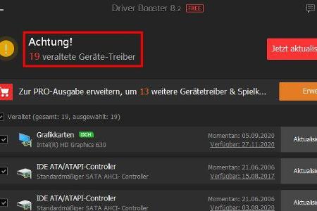 Iobit Driver Booster Free identifiziert auf diesem System gleich 19 veraltete Treiber. Ein Mausklick auf „Jetzt aktualisiere...