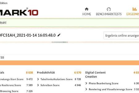 Resultat des Benchmarks PC Mark 10: Der gemessene Wert von 4.280 Punkten liegt im Durchschnitt aller PCs mit einer AMD-CPU R...