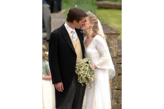Laura Parker Bowles and Harry Lopes leave the church after g...