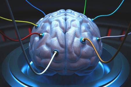 Brain with cables connected in a test of the power of the mi...